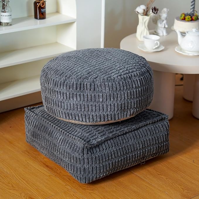 Unstuffed Pouf Ottoman Cover Soft Storage Extra Seat Farmhouse Comfortable Bohemian Poufs Accent Footrest 20x20x8 Inches for Living Room Bedroom Study Nook (Gray A, Round)