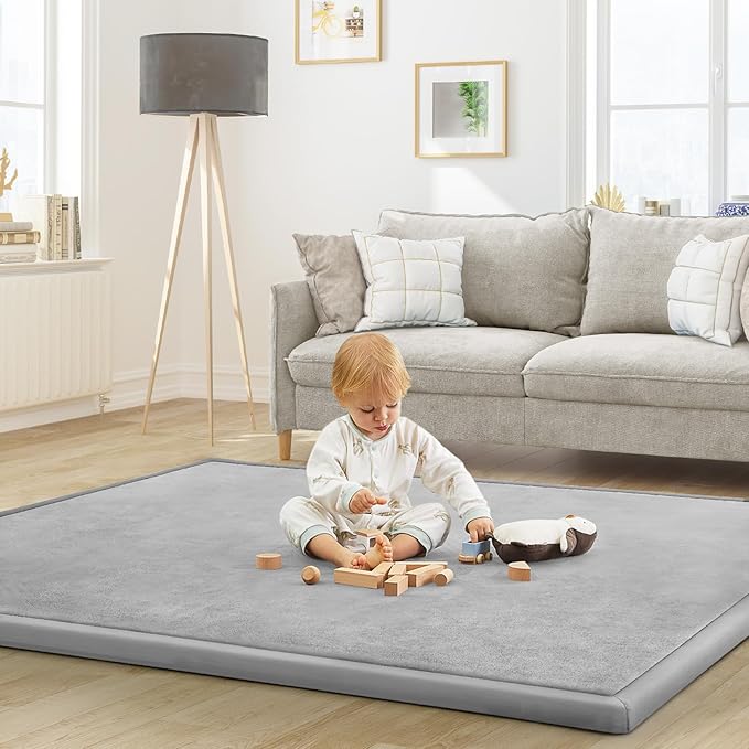 Baby Play Mat for Floor Nursery Rug Muscle Mat Area Rug Playroom Rug 59"x71" Playpen Mat Memory Foam 1.3" Thick Crawling Mat for Babies,Toddlers, Infants, Kids,A Light Gray