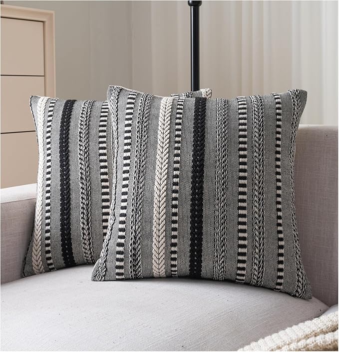 Boho Throw Pillow Covers 20x20 Inch Set of 2, Farmhouse Decorative Couch Pillow Cases, Black Accent Pillows of Bed, Sofa Bedroom Living Room Home Decor Cushion Cover