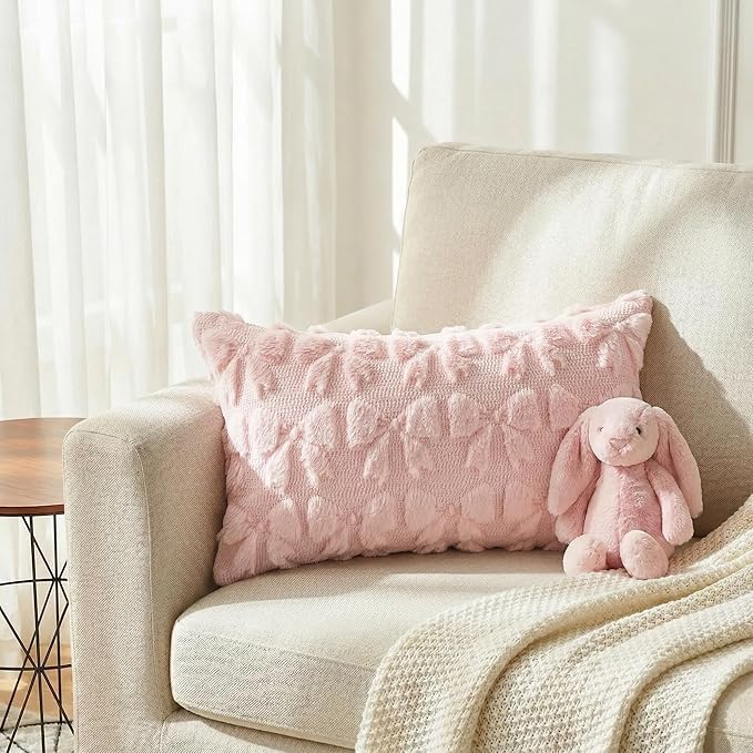 AVOIN colorlife Pink Spring Bow Throw Pillow Covers Set of 2, 12 x 20 Inch Coquette Aesthetic Room Decor Soft Plush Faux Fur Cushion Case for Girls Room