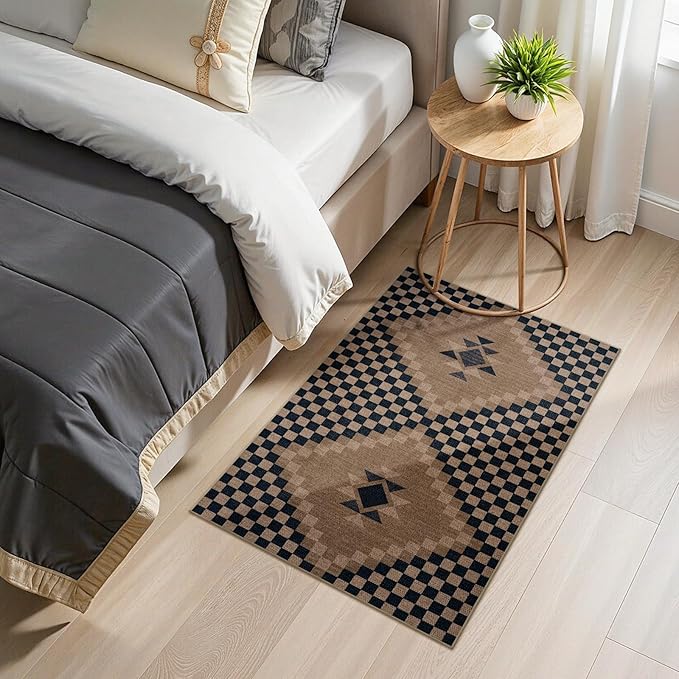 LIVEBOX Easy Jute Checkered Washable Entryway Rug 2x3, Non Slip Ultra Thin Front Door Mat Indoor Entrance, Farmhouse Small Kitchen Rug No Shed Jute Rugs Carpet for Hallway Bedroom Bathroom