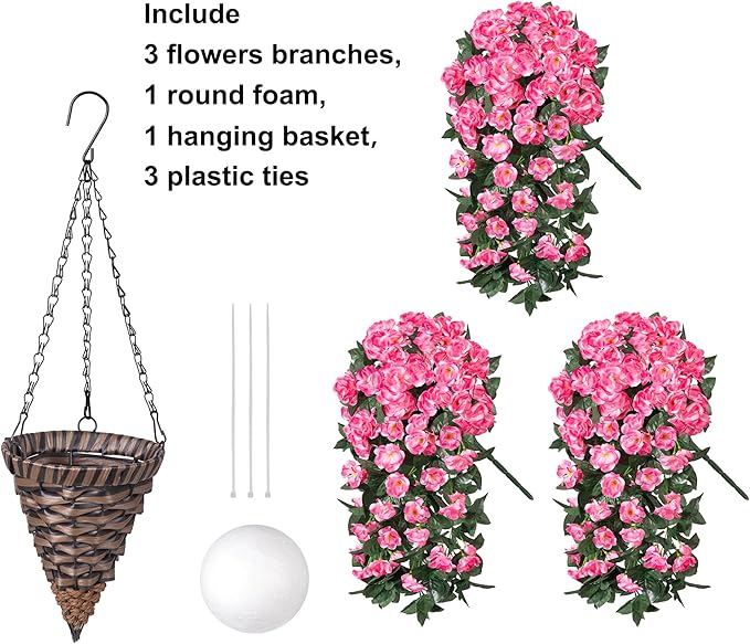 Fake Geraniums Artificial Hanging Flowers Basket for Outdoors, Spring Outdoor Hanging Plants Faux Silk Geraniums Vines in Planter UV Resistant Realistic for Outside Porch Yard Balcony Patio, Pink