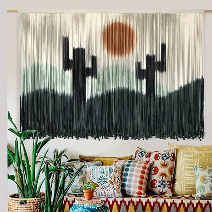 Macrame Wall Hanging Green Cactus Wall Decor Macrame Wall Decor 57" W x 35" L Dip-Dye Large Yarn Tapestry Fiber Art Home Decor