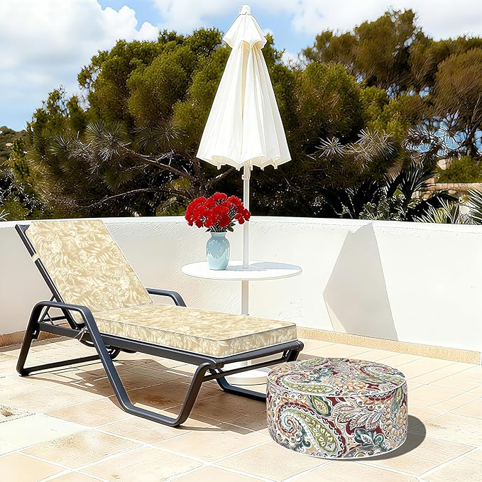 Indoor/Outdoor Inflatable Ottoman with Handle, Decorative Fade-Resistant Round Footstool D21 x H9 inch, Portable Ottoman Pouf for Patio Garden Camping, Paisley Chilli