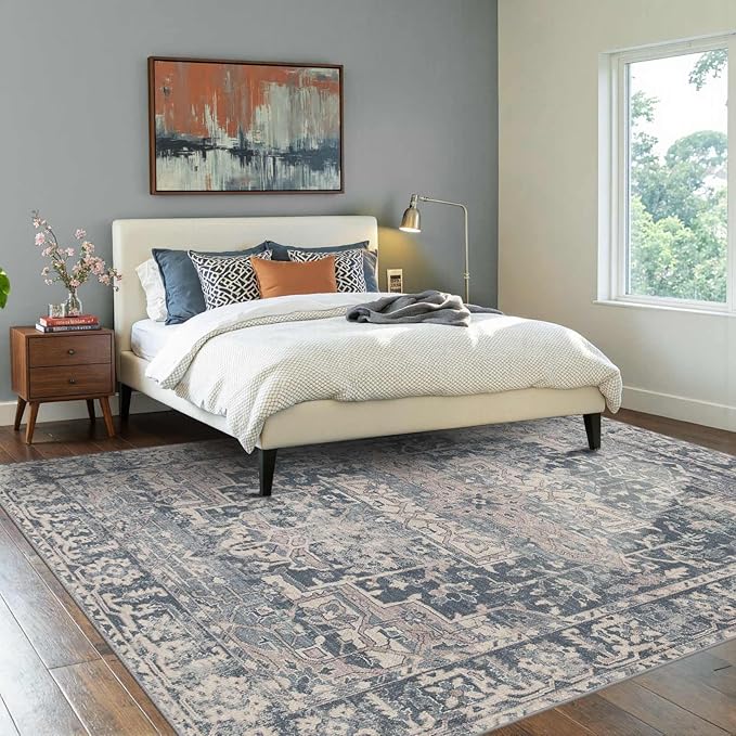 6x9 Area Rugs for Living Room Bedroom, Large Washable Rug, Blue Vintage Floral Boho Style, Non Slip & Low Pile Carpet for Indoor Dining Room, Dorm and Kids Room(Blue 6x9ft)