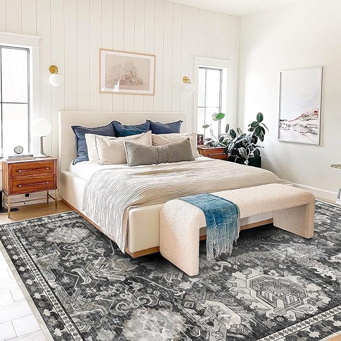 RUGSURE Washable Area Rugs - Perfect for Living Room, Bedroom, Kids Room, Nursery - Stain & Water Resistant Non-Slip, Pet & Child Friendly, Vintage Tribal Area Rugs (Grey, 4' x 6')