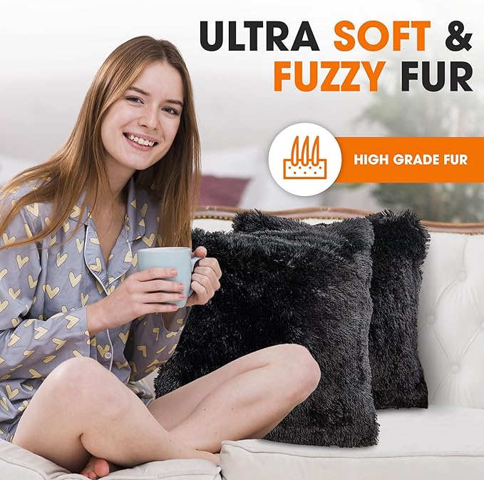 Cheer Collection Throw Pillows for Couch and Bed, Soft Shaggy Throw Pillows with Inserts Included, Cozy Long Hair Faux Fur Pillows - Set of 2-22" x 22" Black
