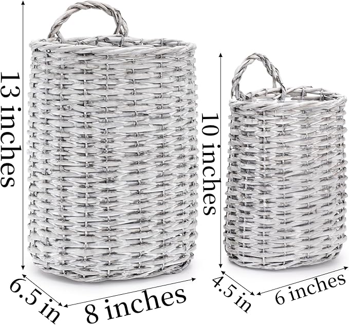 Coloch Set of 2 Wall Hanging Wicker Basket, Farmhouse Garden Hanging Planter Decorative Front Door Hanger Woven Rattan Flower Basket for Wall, Door, Living Room, Patio, 2 Sizes
