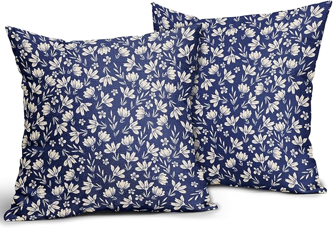 Navy Blue Pillow Covers 24x24 Set of 2 Vintage Floral Rustic Old Style Cute Flower Print Decorative Outdoor Pillowcases Seasonal Farmhouse Throw Cushion Case Decor for Couch Sofa Bed