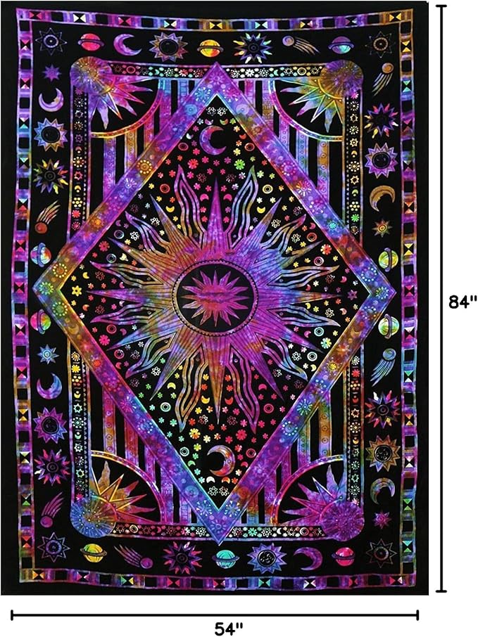 Popular Handicrafts Wall Hanging Tapestry For Bedroom Hippie Sun Moon Bohemian Hippy Psychedelic Design Indian Tapestries Bedspread 54 x 82 Inches (140cm x 210cm) Multicolor Tie Dye