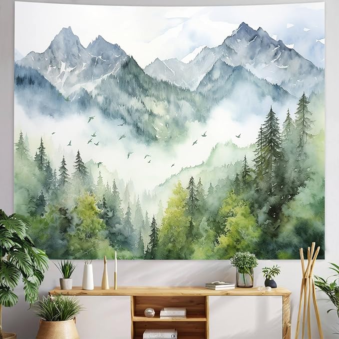 Atrippy Forest Nature Tapestry for Bedroom, Green Misty Foggy Mountain Sage Trees Wall Tapestry, Landscape Aesthetic Room Decor Wall Hanging for Living Room Dorm 51x60 Inches