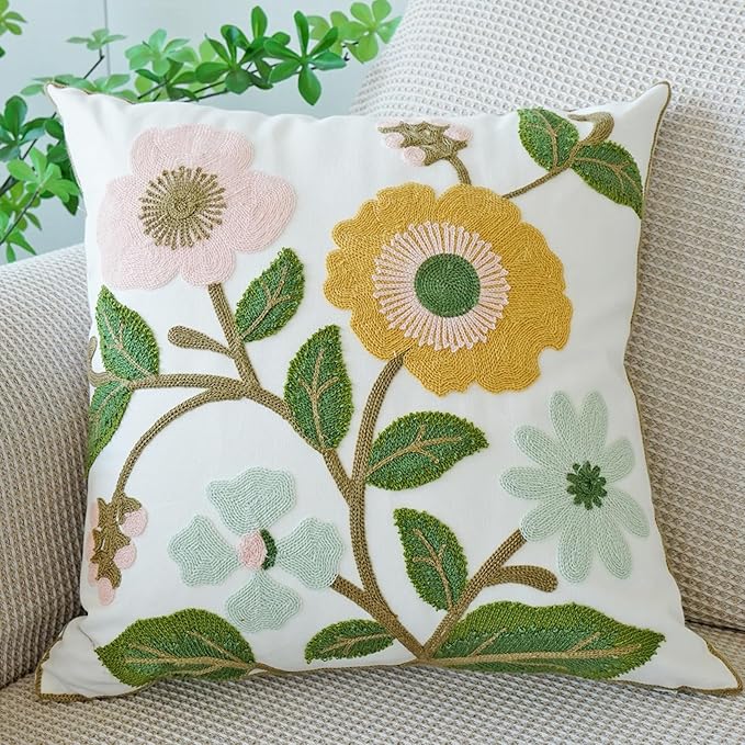 vctops Floral Embroidered Pillow Covers 18x18 Inch Spring Summer Cotton Tufted Throw Pillow Cover Outdoor Garden Cushion Case for Sofa, Bed, Living Room (Flower F,18"x18")