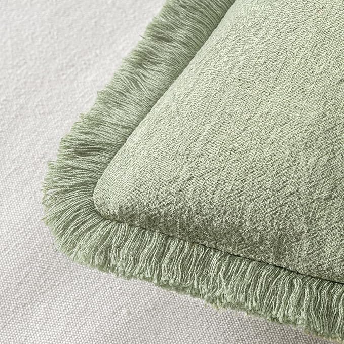 MIULEE Decorative Throw Pillow Covers Neutral Linen Fringe Throw Pillows Euro Shams Set of 2 Sage Green Boho Farmhouse Cushion Covers for Couch Sofa Bed Living Room Spring Home Decor 26x26 Inch