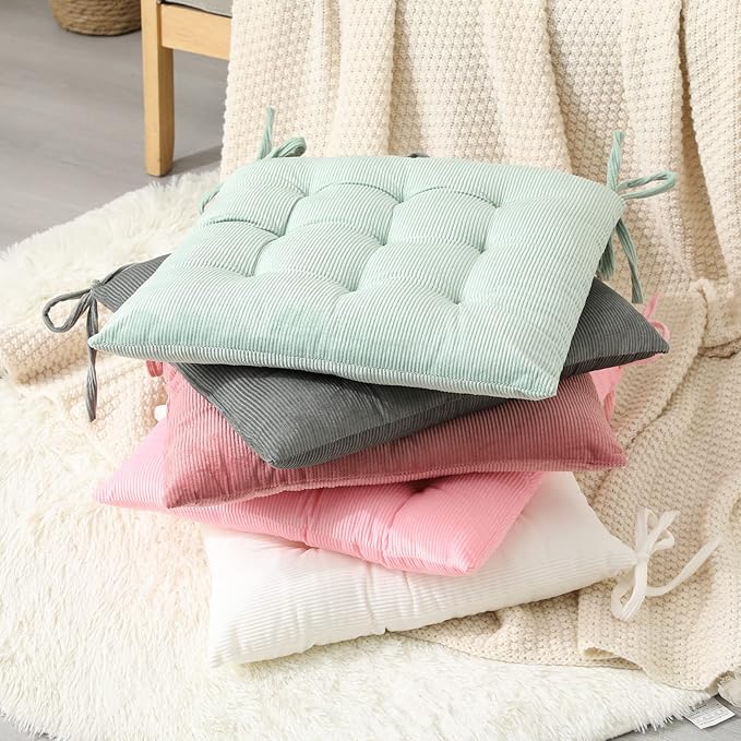 HLOVME Corduroy Chair Cushion with Ties Ultra Soft Warm Floor Cushion for Kids Reading Nook Comfortable Square Seat Cushion for Adult 15.7”x15.7” Set of 2, Grey