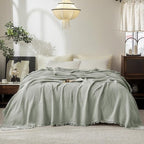 FOSSA Muslin Blanket with Fringe - 4-Layer 100% Cotton Gauze Super Soft & Breathable Throw -Lightweight Decorative Cooling Blanket for Bed, Sofa, Office (Sage Green, King (104" × 90"))