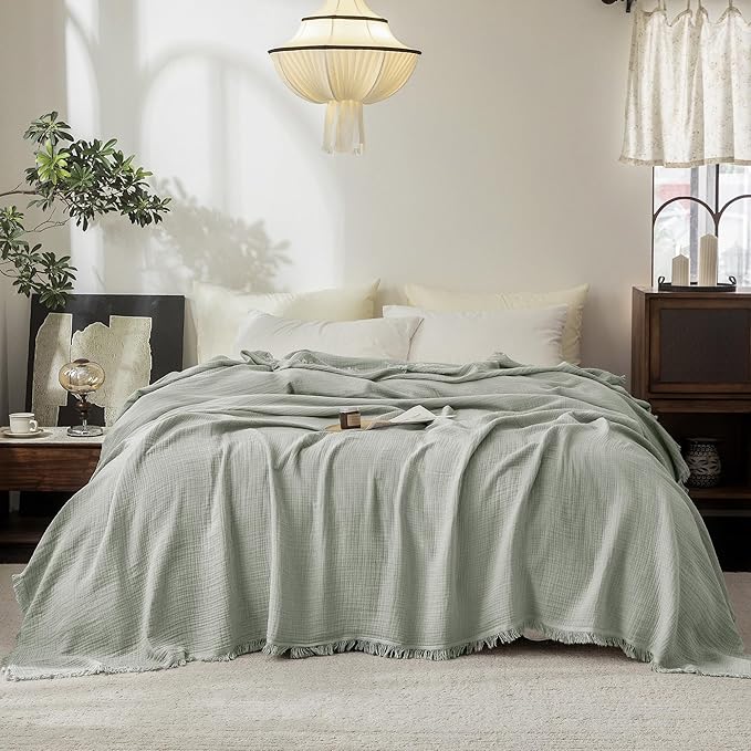 FOSSA Muslin Blanket with Fringe - 4-Layer 100% Cotton Gauze Super Soft & Breathable Throw -Lightweight Decorative Cooling Blanket for Bed, Sofa, Office (Sage Green, Super King (108" × 98"))