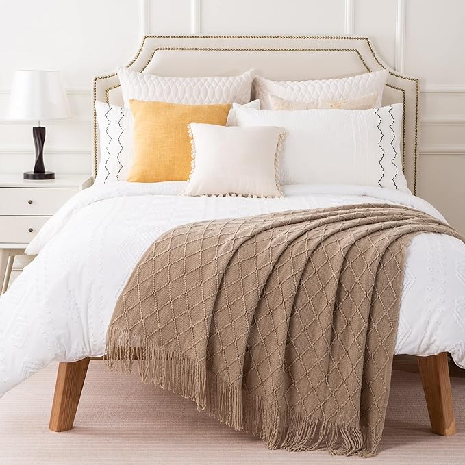 BATTILO HOME Khaki Throw Blanket, Beige Throw Blanket for Couch, End of Bed Throws Spring Decorative Large Throw Tan (Beige, 52"x80")