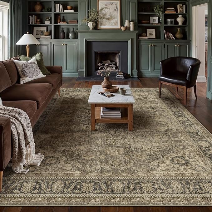 8x10 Washable Brown Area Rug Vintage Living Room Bedroom Carpet Non-Slip Soft Medium Pile Distressed Indoor Large Throw Rug for Dining Room Office