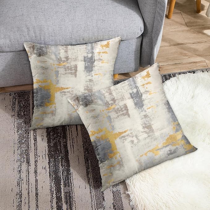 Britimes Throw Pillow Covers Modern Home Art Decor, 18 x 18 Inches Set of 2 Abstract Oil Painting Pillowcases for Bedroom, Living Room, Cushion Couch Sofa, Abstract Golden Grey