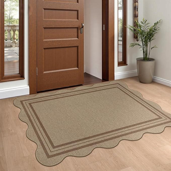 Easy Jute Front Door Mat, 2.6x4 Washable Entryway Rug Non Slip Small Kitchen Rug, Farmhouse Low Pile Floor Scalloped Rugs for Bathroom Porch Doorway
