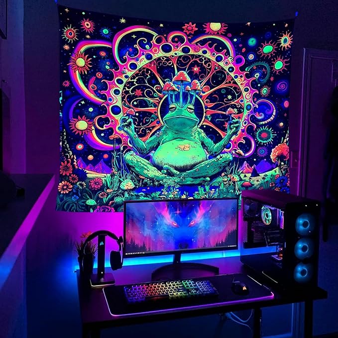 ARTCREATOR Blacklight Frog Mushroom Tapestry, Whimsical Hippie Wall Decor UV Reactive Tapestries Vintage Meditating Frog Tapestries for Living Room Bedroom (59" x 78")