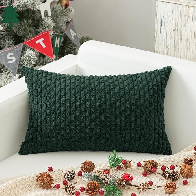 Kevin Textile 12x24 Inch Pillow Cover 1 Pack Boho Christmas Decorative Soft Striped Corduroy Lumbar Farmhouse Color Accent Rectangle Cushion Case for Living Room Couch Sofa Bed, Army Green