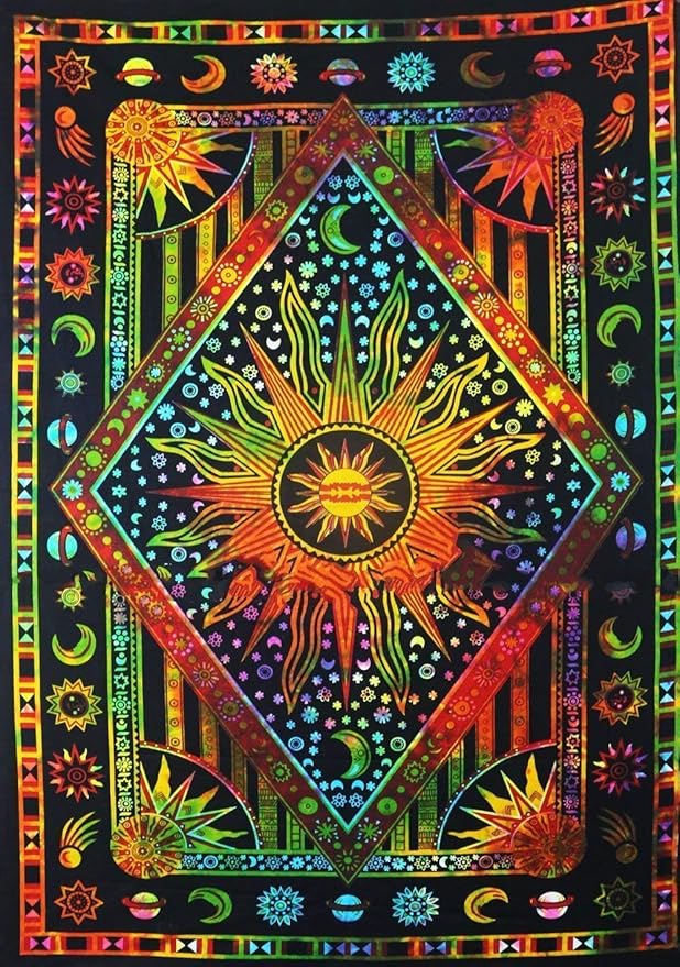 Popular Handicrafts Wall Hanging Tapestry for Bedroom Hippie Burning Sun and Moon Meditation Bohemian Hippy Psychedelic Design Indian Tapestries Bedspread 30 x 40 Inches (76 x 101 cms), Blue