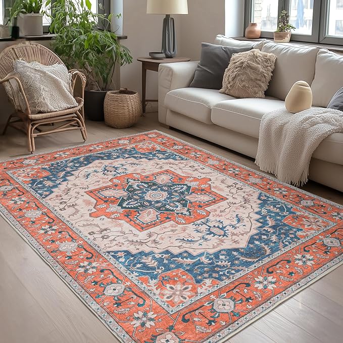 Lessymo 5x7 Area Rugs for Living Room- Machine Washable Area Rugs, Super Soft Faux-Wool Boho Bedroom Area Rug Vintage Floral Medallion Non-Slip Low Pile, Kid & Pet Friendly, Tangerine Blue