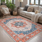 Lessymo 5x7 Area Rugs for Living Room- Machine Washable Area Rugs, Super Soft Faux-Wool Boho Bedroom Area Rug Vintage Floral Medallion Non-Slip Low Pile, Kid & Pet Friendly, Tangerine Blue