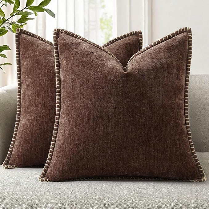 decorUhome Chenille Soft Cozy Throw Pillow Covers 26x26 Set of 2, Modern Farmhouse Boho Velvet Decorative Euro Sham Pillow Cases with Stitched Edge for Couch Sofa Bed Home Decor, Chocolate