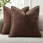 decorUhome Chenille Soft Cozy Throw Pillow Covers 20x20 Set of 2, Modern Farmhouse Boho Velvet Decorative Pillow Cases with Stitched Edge for Couch Sofa Bed Home Decor, Chocolate