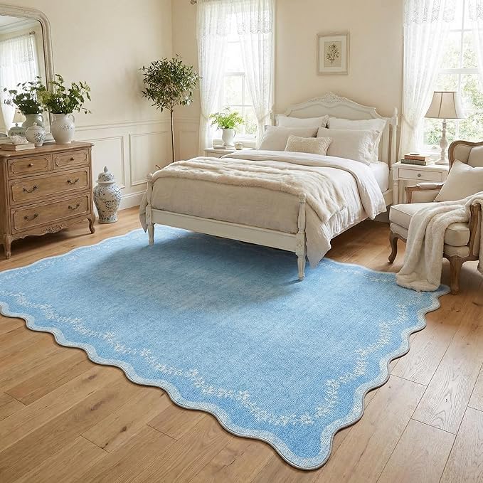 GarveeHome 5x7 Scalloped Area Rug Blue Washable Rugs for Living Room Bedroom, Soft Low Pile Non Slip Accent Floor Mat Solid Floral Print Throw Rug Indoor Carpet for Dorm Playroom