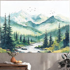 Accnicc Watercolor Forest Mountain Tapestry Green Nature Pine Tree River Wall Tapestry for Bedroom Aesthetic Misty Woods Birds Small Tapestries Wall Hanging for Living Room Dorm Decor 60 x 44 Inch