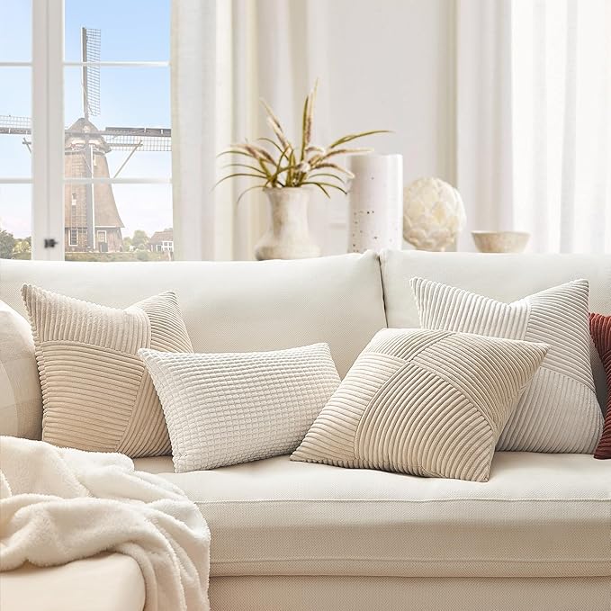 Topfinel Tan Decorative Throw Pillow Covers 16x16 Set of 2 Windmill Textured Striped Patchwork Pillow Covers Soft Corduroy Square Beige Cushion Cases for Couch Sofa Bed Farmhouse Boho Home Decor