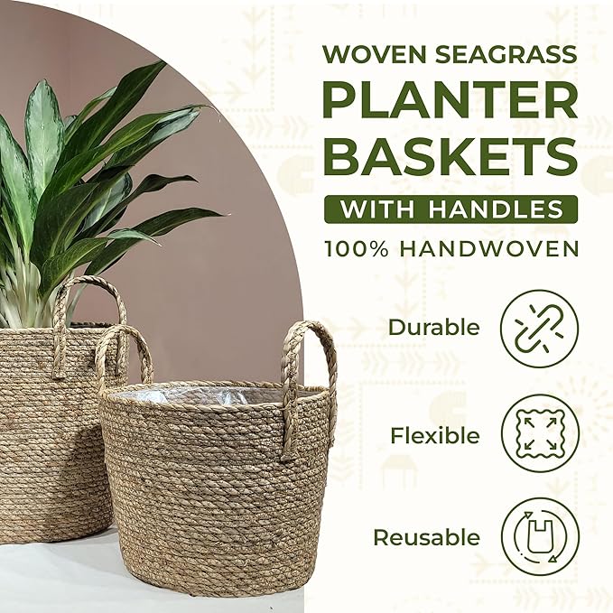 Set of 2 Woven Seagrass Planter Baskets with Handles – Handwoven Plant & Flower Pots for Indoor or Outdoor Use, Natural Straw Storage Baskets for Laundry Room, Living Room & Home Decor