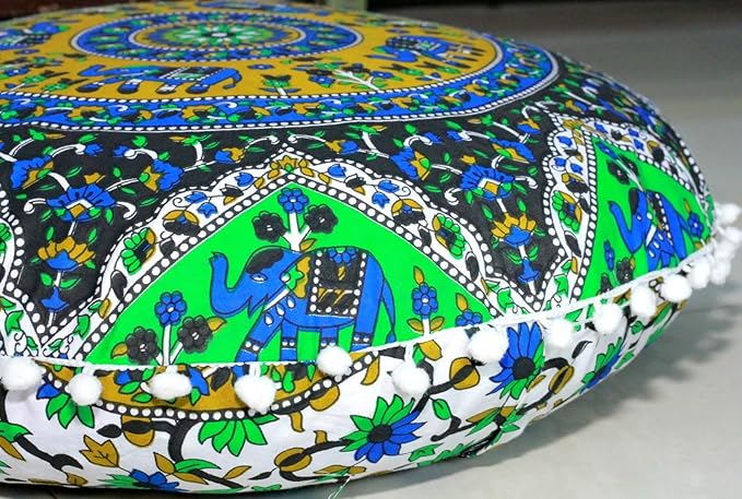 CRAFT KALA 22" Round Mandala Boho Pillow Cover Meditation Room Seating Poufs Cover for Living Room Yoga Room Home Bedroom Balcony Garden Party Decoration Cotton Floor Cushion Cover 22", Blue Elephant