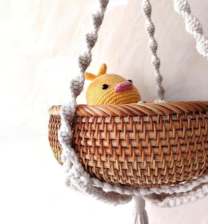 Boho Hanging Rattan Basket - 8.7” Woven Plant Hanger for Dried Flowers & Greenery - Decorative Macrame Wall Basket for Indoor Home Decor - Handmade Wicker Storage for Farmhouse, Living Room