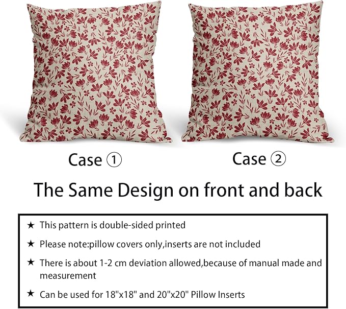 Red Floral Pillow Covers 16x16 Set of 2 Vintage Rustic Old Style Cute Small Flower Red Cream Print Decorative Outdoor Pillowcases Farmhouse Throw Cushion Case Decor for Couch Sofa Bed