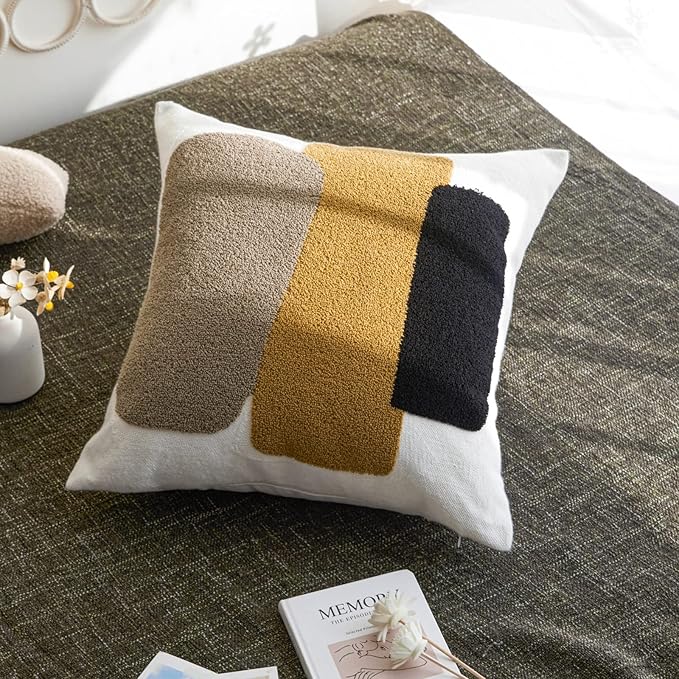 Retro Boho Textured Accent Mid Century Throw Pillow Covers Modern Vintage Minimalist Geometric Decorative Abstract Pillowcase for Sofa,1PC 18x18,Brown Black and Gray