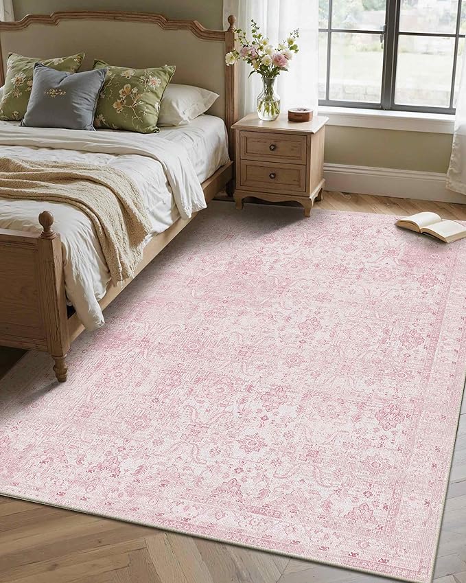 4x6 Rug for Living Room Bedroom, Pink Washable Throw Rugs, Vintage Retro Boho Area Rugs, Non Slip & Low Pile Accent Carpet for Indoor Nursery Room, Dining Room, Kids Girls Room
