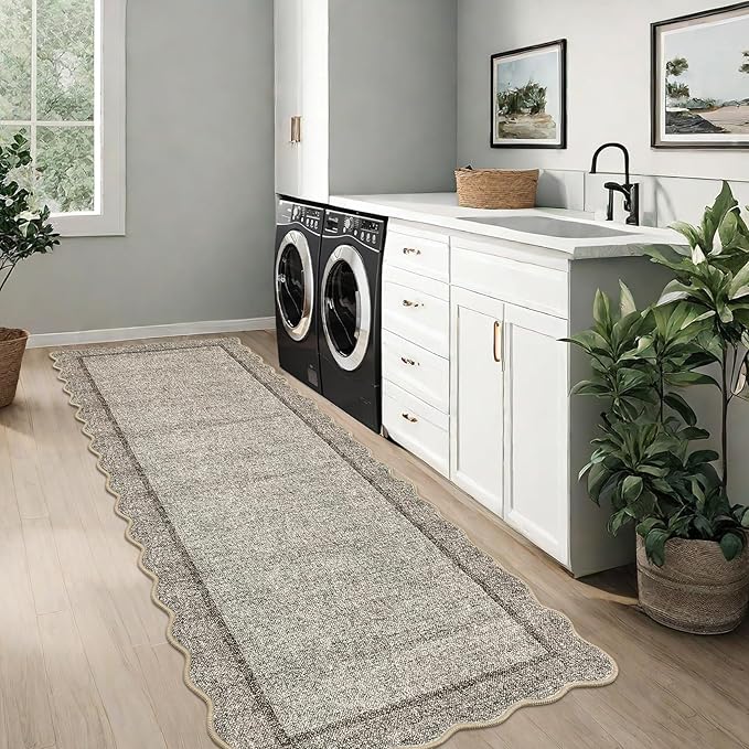 GarveeHome Scalloped Washable Runner Rug 2x8 Runner Modern Non Slip Kitchen Runner Distressed Low Pile Entryway Rug Soft Bathroom Rugs Stain Resistant Carpet for Bedroom Hallway Laundry 2'x8' Brown