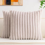 Pack of 2 Faux Fur Fall Throw Pillow Covers 16x16 Inch, Soft Plush Striped Neutral Couch Pillow Cover, with Velvet Back Modern Home Decor for Sofa Living Room Couch Bed Light Grey