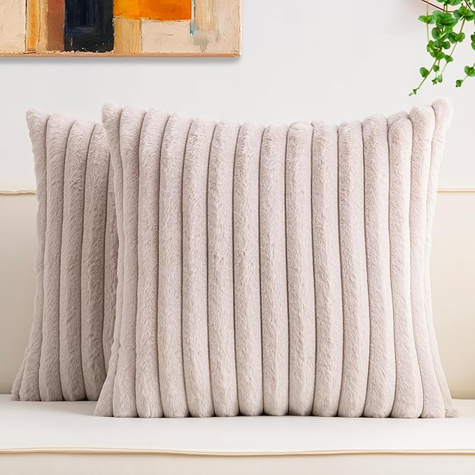 Pack of 2 Faux Fur Christmas Throw Pillow Covers 20x20 Inch, Soft Plush Striped Neutral Couch Pillow Cover, with Velvet Back Modern Home Decor for Sofa Living Room Couch Bed Light Grey