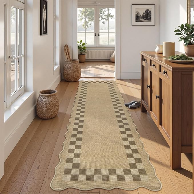 LIVEBOX Scalloped Easy Jute Checkered Runner Rug for Kitchen, Washable 2x8 Tan Rugs for Hallway Runner Entryway, Geometric Indoor Outdoor Non Slip Rug Farmhouse Modern Carpet Door Mat for Porch