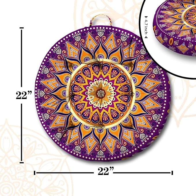 Mandala Meditation Cushion, Boho Meditation Mat, Meditation Pillows for Sitting on Floor, Cushions for Sitting in Home and Outdoor, Round Floor Pillows Cushion Seating for Yoga Accessories 22'' X 22''