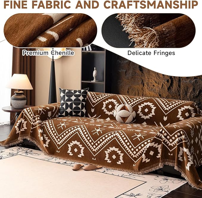 VClife Bohemian Couch Cover Aztec Geometric Chenille Sofa Cover for Sectional Couch - Brown and White Zigzag Pattern Sofa Slipcover for 2 Cushion Couch Sofa 71" X 150"