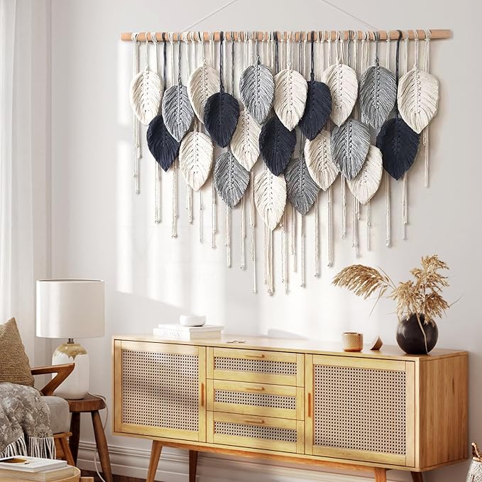 Weldomcor Macrame Wall Hanging Leaf Woven Tapestry Bohemian Chic Wall Hanging Feather Large Handmade Wall Art Decor for Bedroom Living Room Apartment Ornament, 39 inch