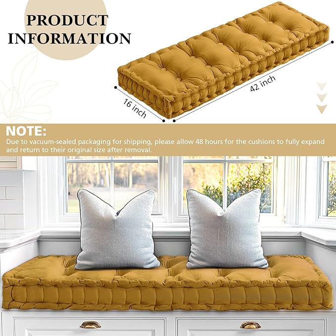 Bench Cushions for Indoor Furniture 42x16 in Velvet Kitchen Dining Piano Window Seat Cushion, Tufted Patio Porch Swing Thicken Bench Pad Memory Foam(Yellow)
