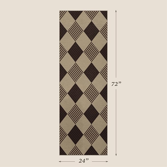 2x6 Diamond Checkered Runner Rug for Kitchen - Easy Jute Plaid Rug for Entryway Bedroom Beside Bed, Woven Low Pile Washable Black and White Geometric Farmhouse Décor