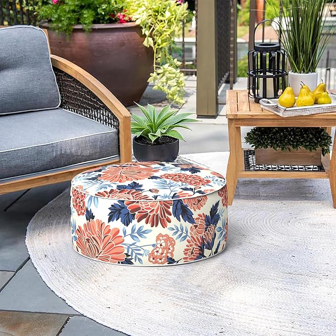 Indoor/Outdoor Inflatable Ottoman with Handle, Decorative Fade-Resistant Round Footstool D21 x H9 inch, Portable Ottoman Pouf for Patio Garden Camping, Red Chrysanthemum